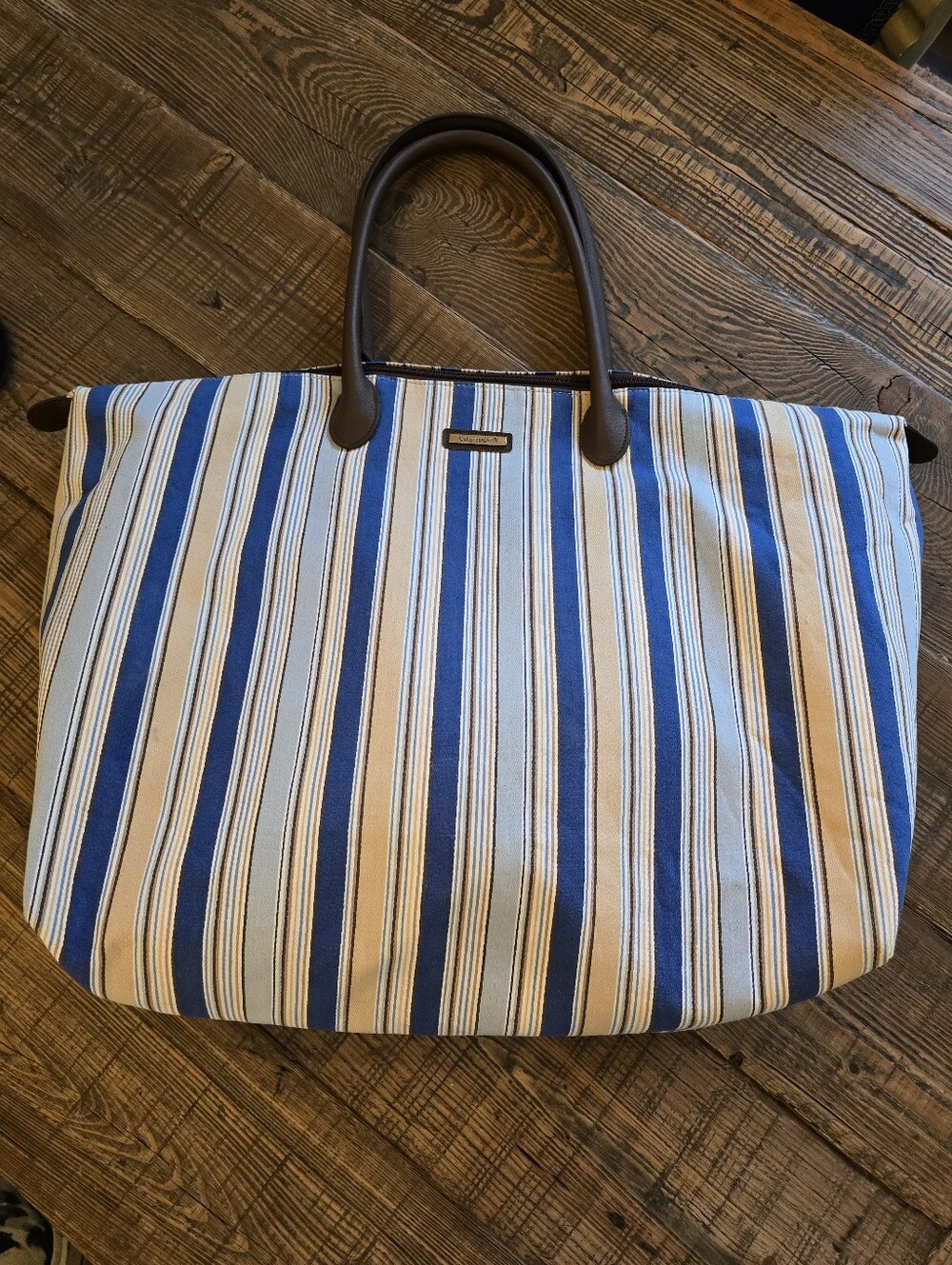 Longberger Striped Canvas Tote with Brown Handles